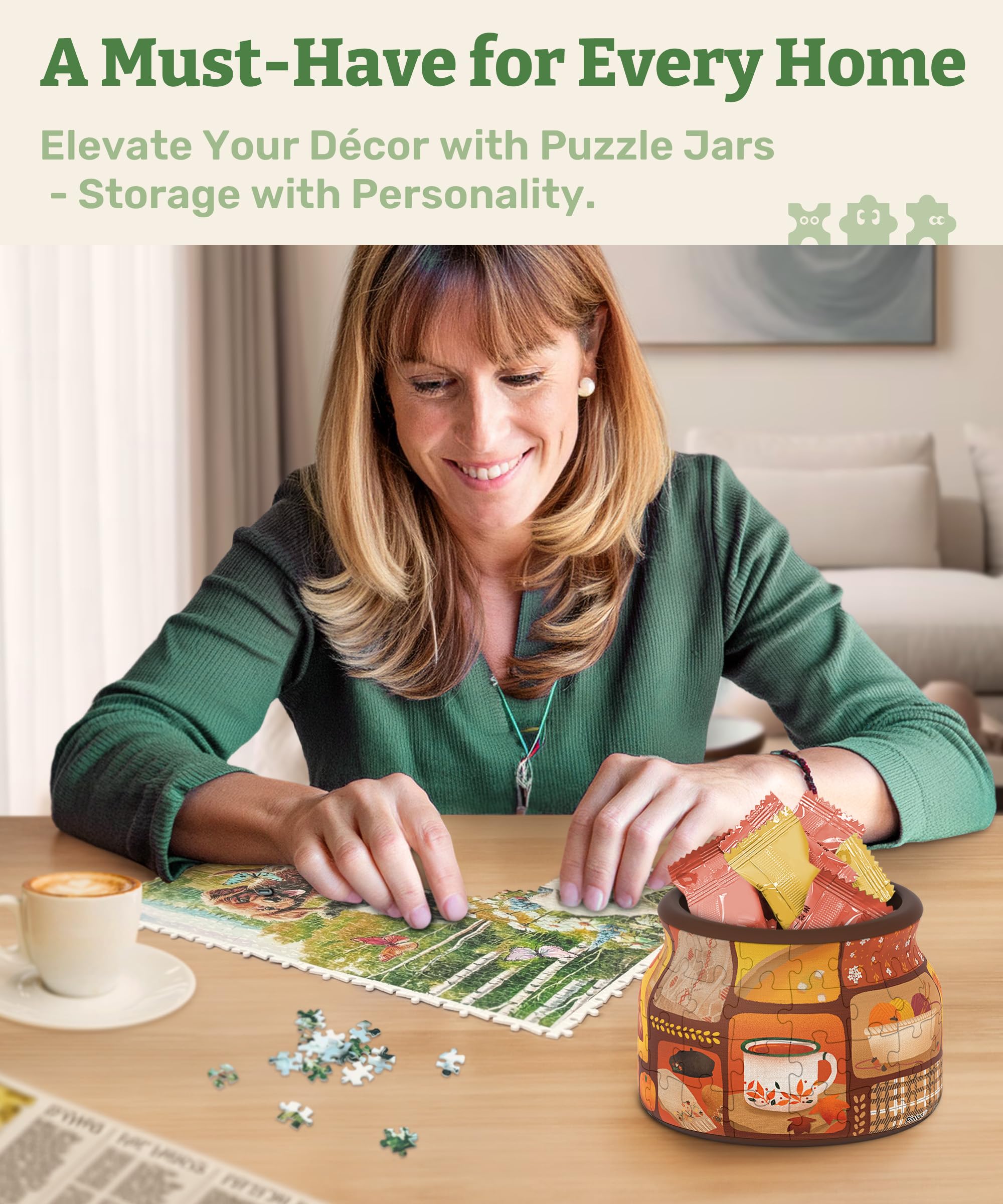 PieceRelax 3D Puzzle Jar 64 Plastic Pieces for Adults - Live Cozy, for Mom, Wooden Lid Container for Kitchen Dining Study Living Room No Glue Requied Small [BC1021] - Image 2