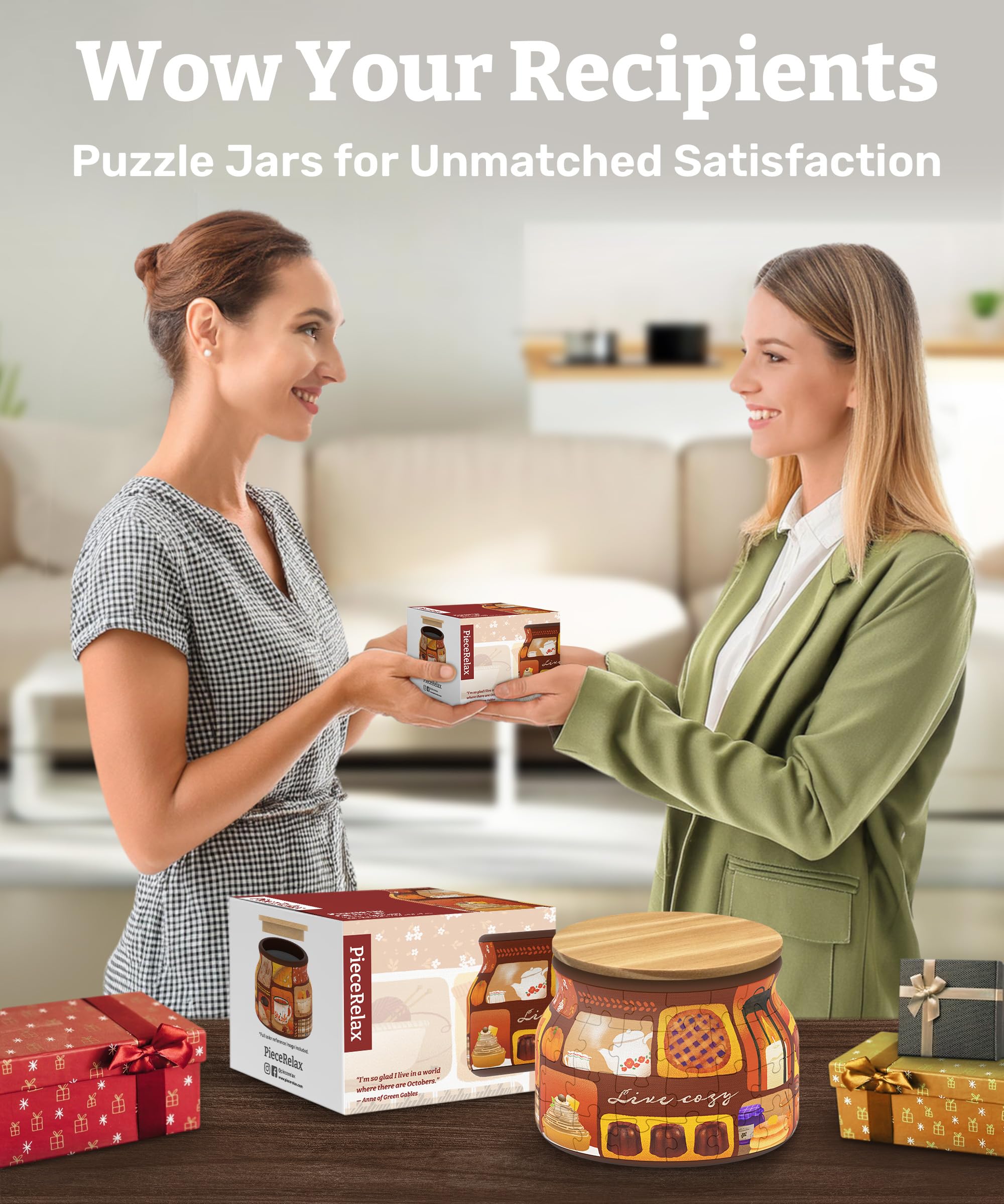 PieceRelax 3D Puzzle Jar 64 Plastic Pieces for Adults - Live Cozy, for Mom, Wooden Lid Container for Kitchen Dining Study Living Room No Glue Requied Small [BC1021] - Image 4