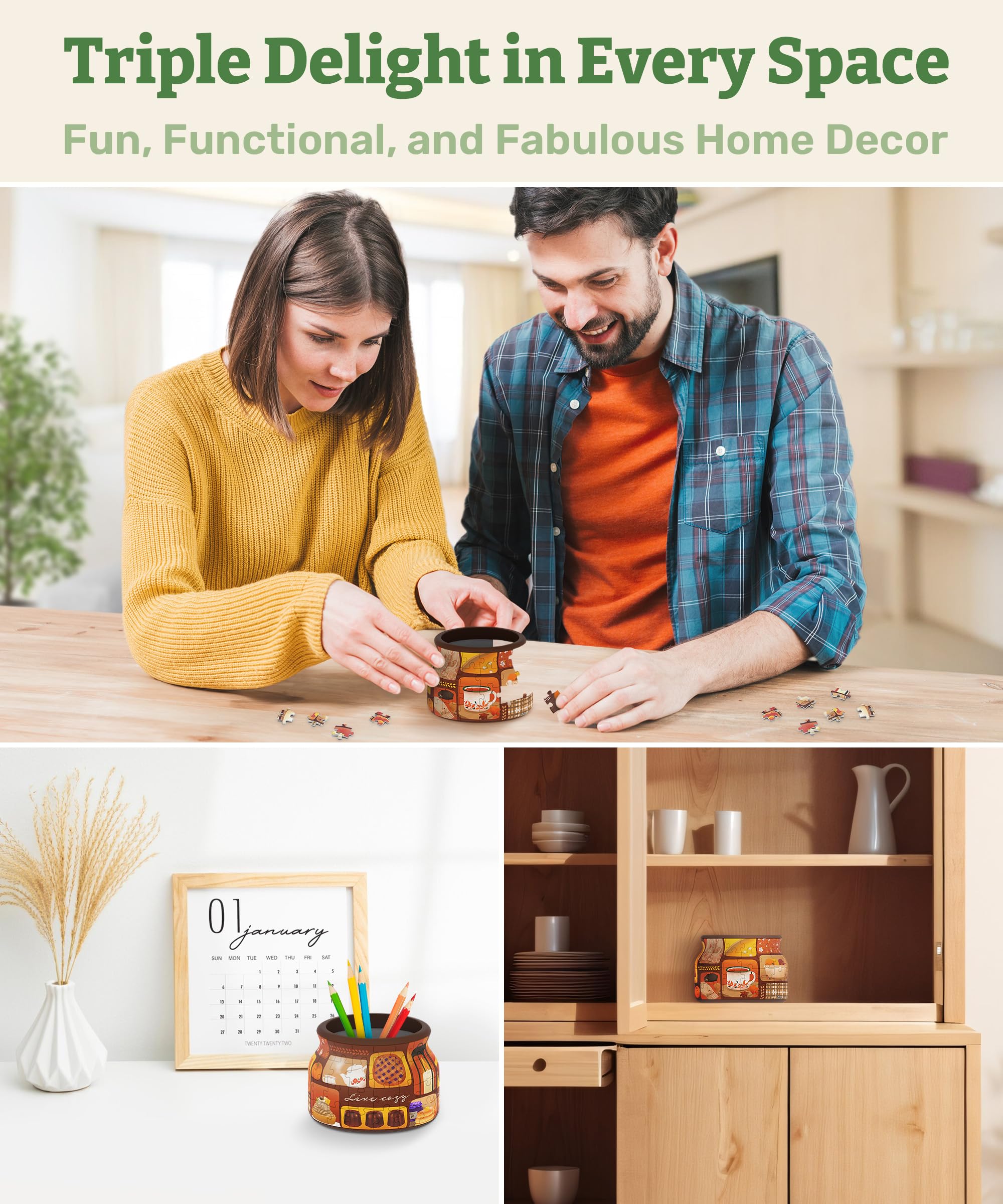 PieceRelax 3D Puzzle Jar 64 Plastic Pieces for Adults - Live Cozy, for Mom, Wooden Lid Container for Kitchen Dining Study Living Room No Glue Requied Small [BC1021] - Image 5