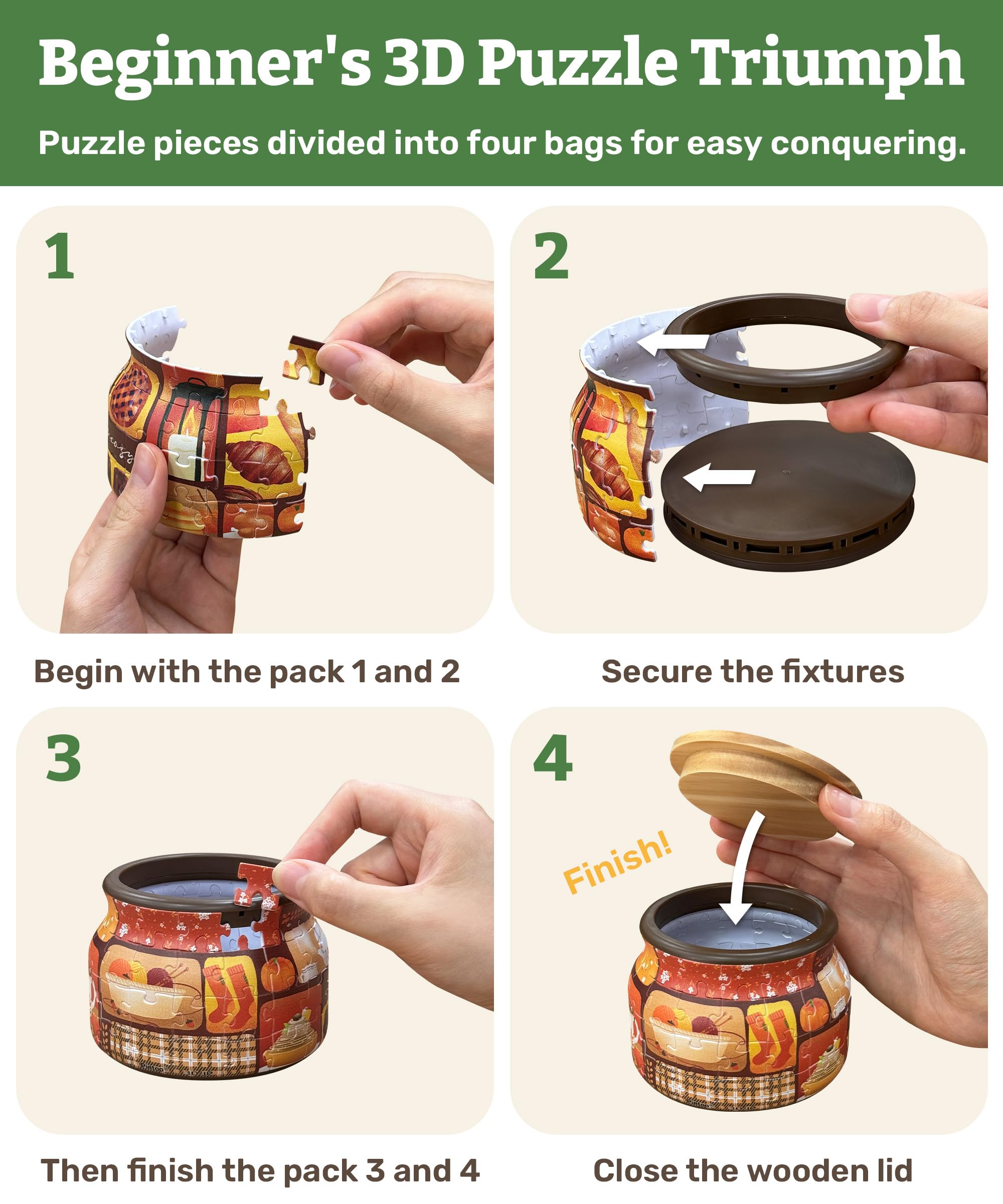 PieceRelax 3D Puzzle Jar 64 Plastic Pieces for Adults - Live Cozy, for Mom, Wooden Lid Container for Kitchen Dining Study Living Room No Glue Requied Small [BC1021] - Image 7