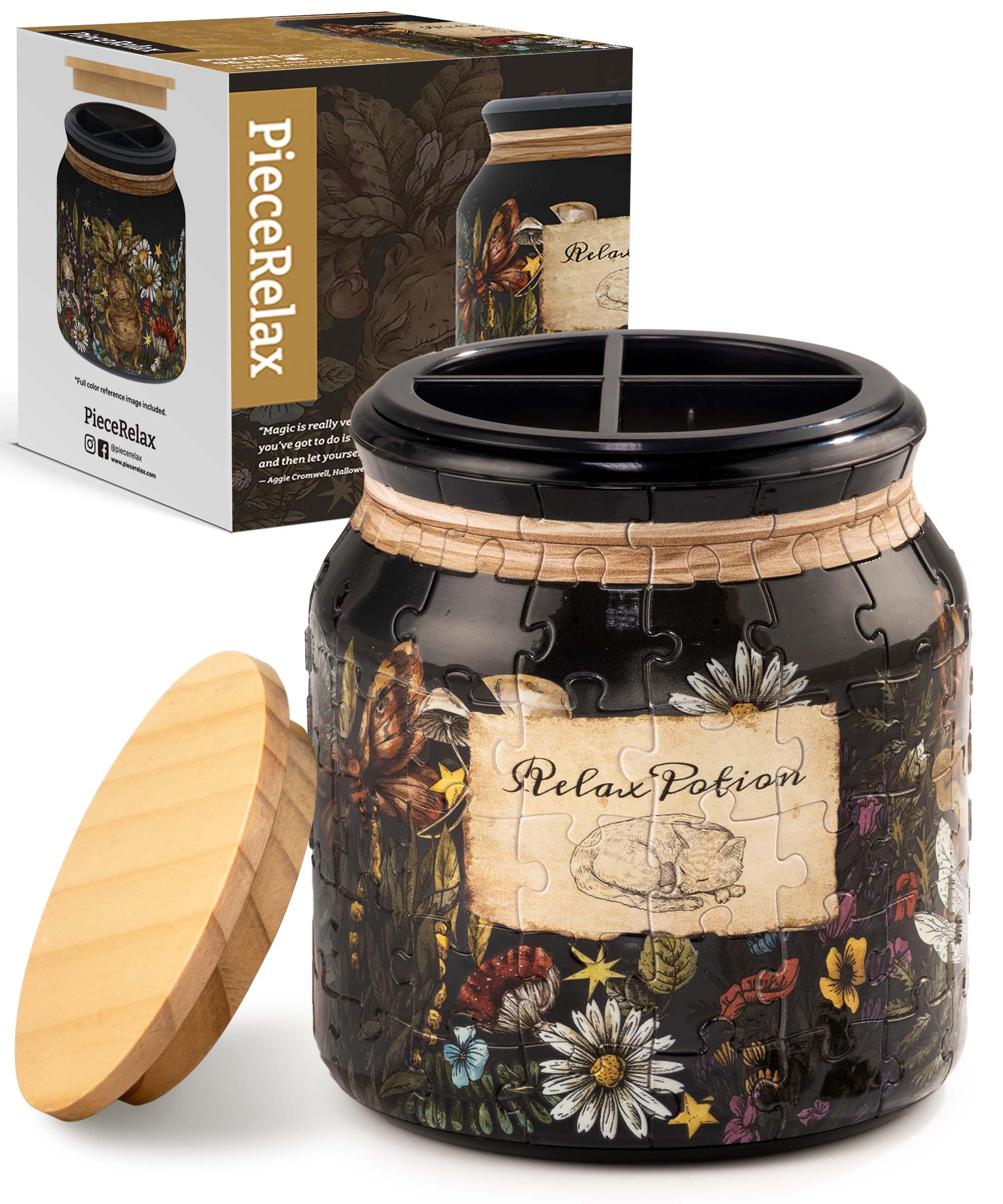 PieceRelax 3D Puzzle Jar 96 Plastic Pieces for Adults - Relax Potion - Use Includes Divider as Pen and Utensils Holder with Wooden Lid for Kitchen Dining Study Living Room Large [BB1041]