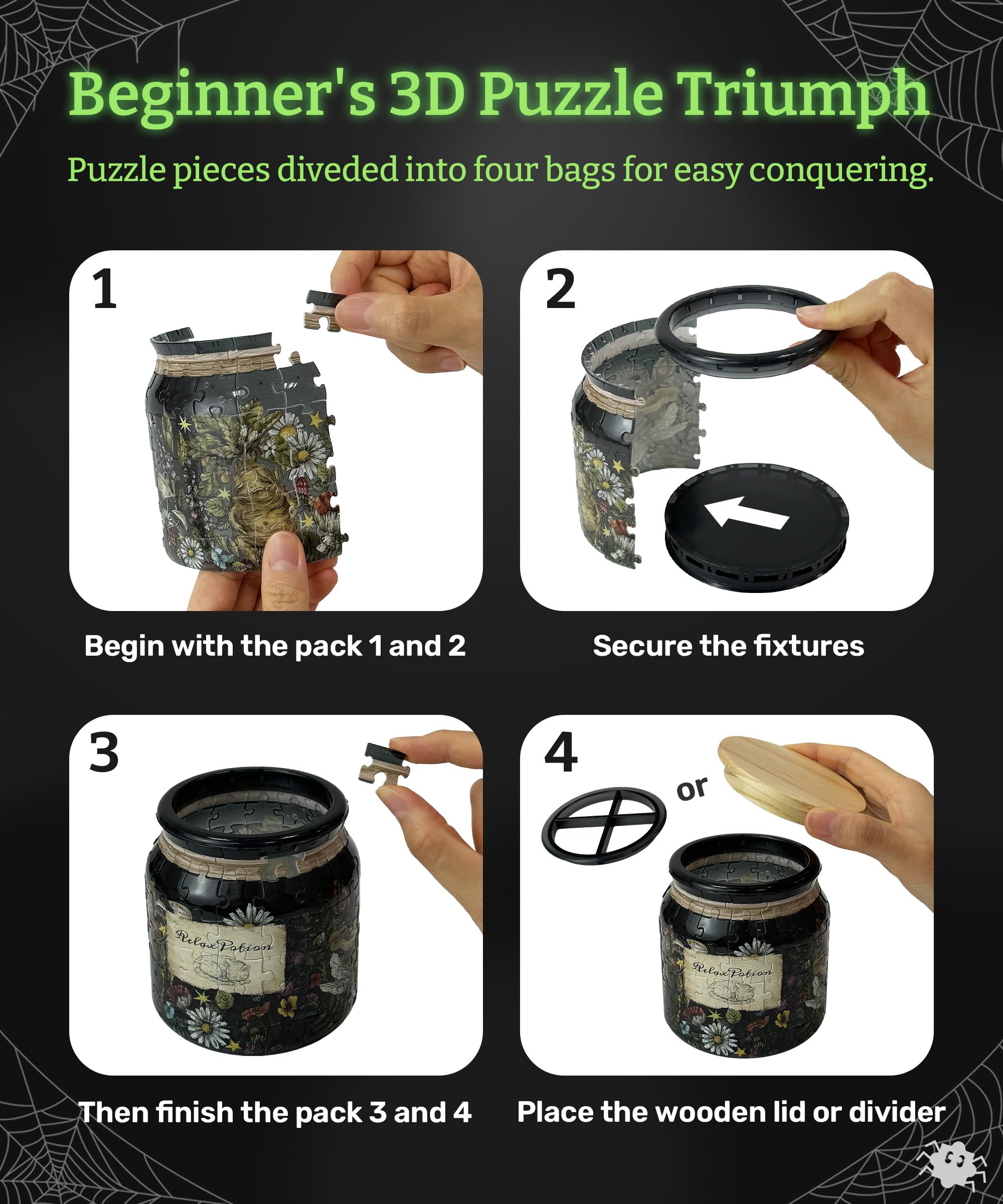 PieceRelax 3D Puzzle Jar 96 Plastic Pieces for Adults - Relax Potion - Use Includes Divider as Pen and Utensils Holder with Wooden Lid for Kitchen Dining Study Living Room Large [BB1041] - Image 5