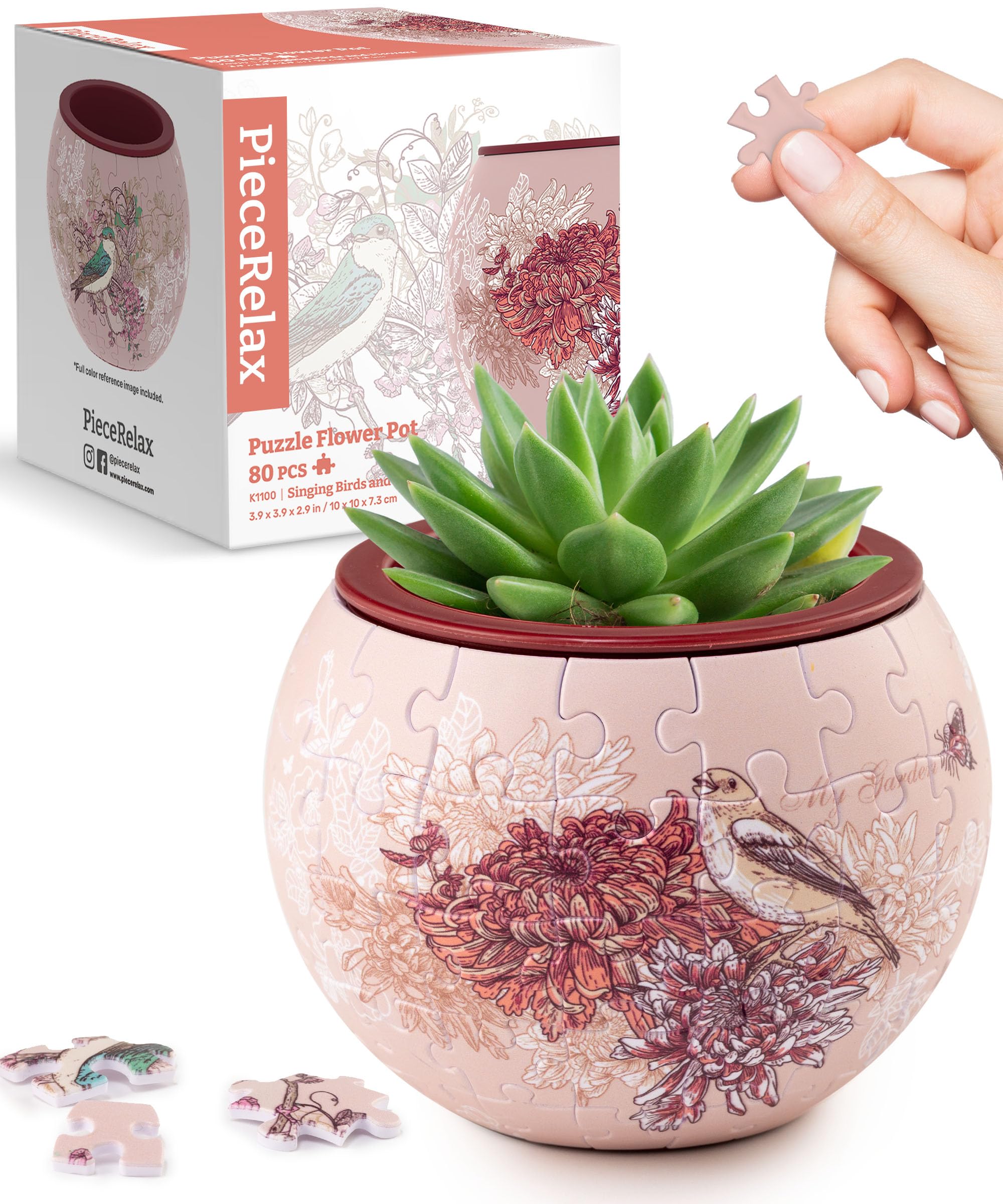 PieceRelax 3D Puzzle Planter - Singing Birds and Flowers - Danish Folklore Style, for Mom, Home Decor Flower Pots for Indoor Cactus, Succulents Pots [K1100]