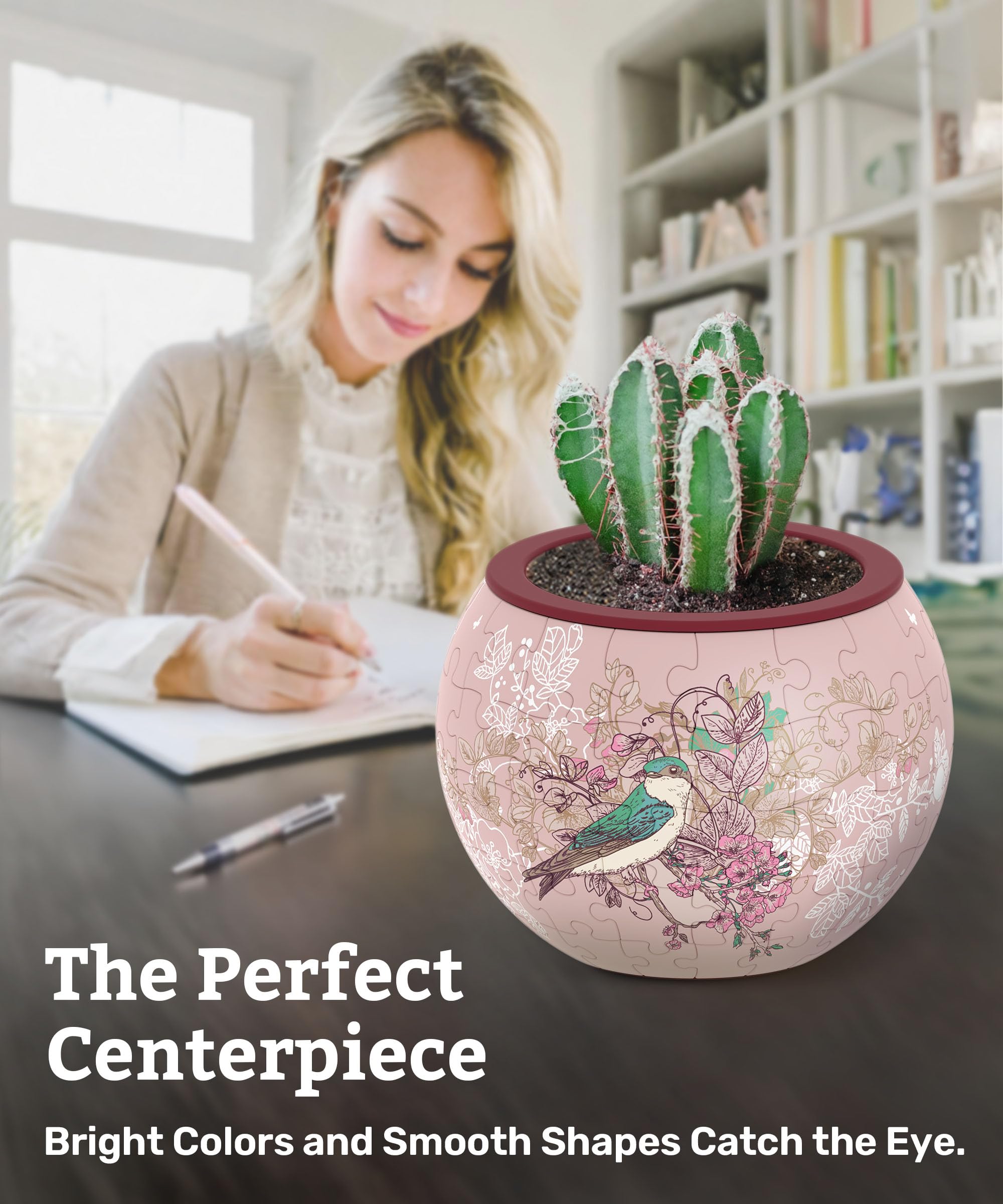 PieceRelax 3D Puzzle Planter - Singing Birds and Flowers - Danish Folklore Style, for Mom, Home Decor Flower Pots for Indoor Cactus, Succulents Pots [K1100] - Image 2