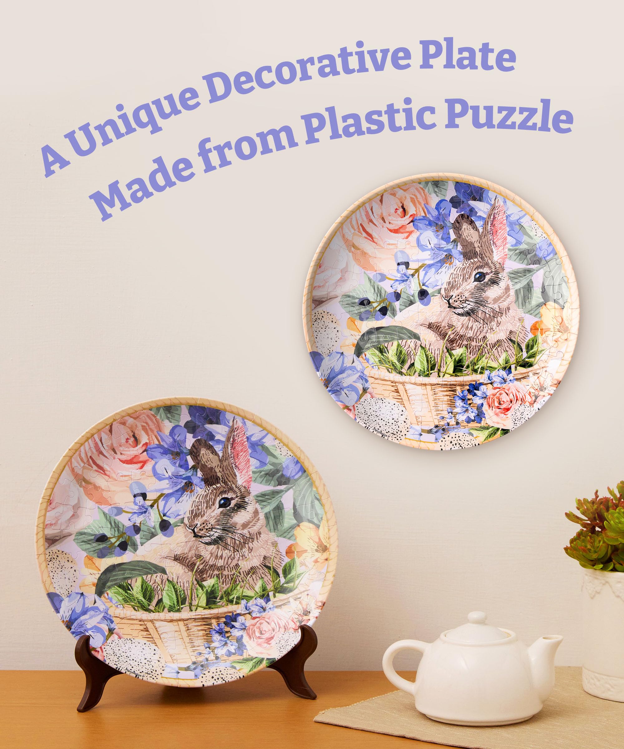 PieceRelax 3D Puzzle Plate 124 Pieces - Easter Bunny Flowers - Jigsaw Puzzle for Adults, Decorative Plate with Durable Plastic Pieces, Ideal Gift for Home or Office Décor [PL1009] - Image 2