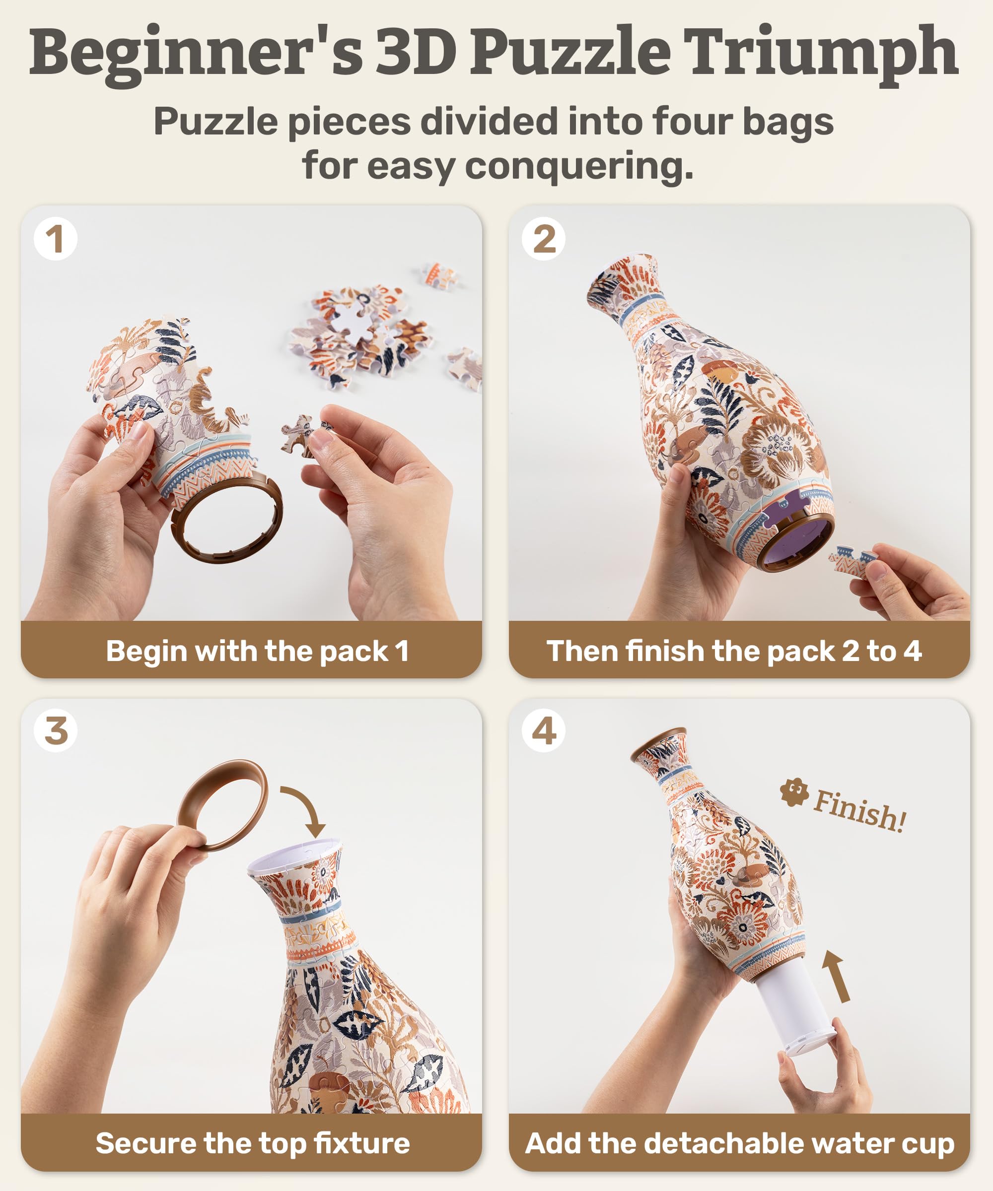 PieceRelax 3D Puzzle Vase for Adults to Flower Arrangement and Home Decoration Made By 160 Curved Plastic Puzzle Pieces - Winter Grace, for Mom [S1043] - Image 6