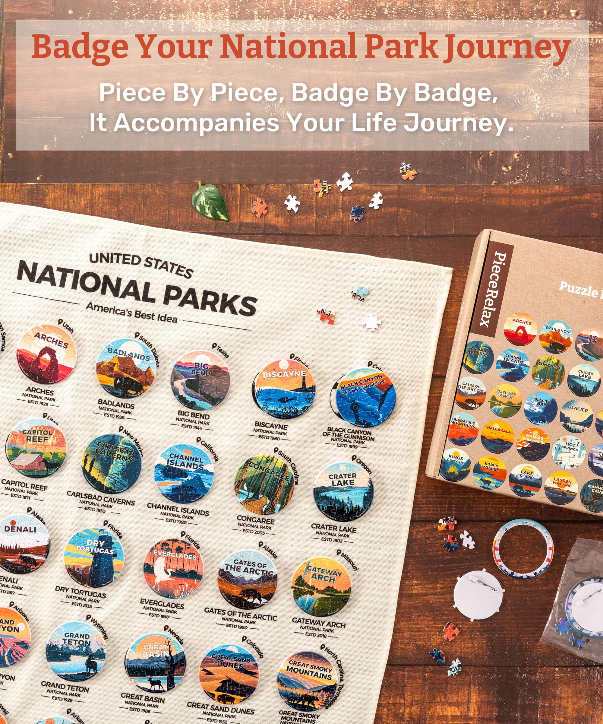 PieceRelax 63-Pack Puzzle Badges 1008 Pieces for Adults - Studio Inception - US National Park - Unique Gift & Home Décor with Plastic Jigsaw Puzzle, Includes Hanging Canvas [BD1133] - Image 2