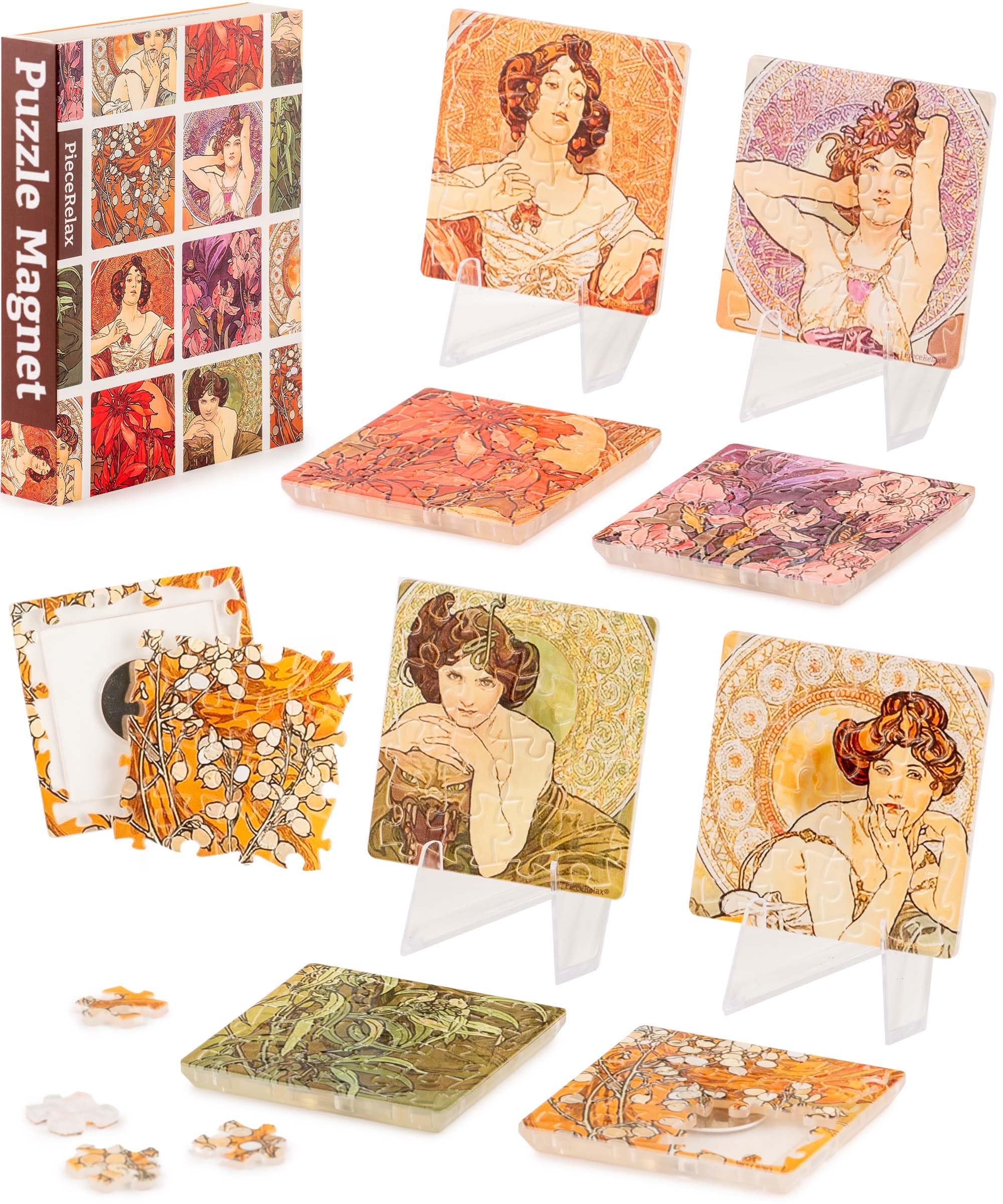 PieceRelax Magnet Puzzle for Adults 128 Pieces - Alphonse Mucha - The Precious Stones Unique Gift & Home Décor with Plastic Jigsaw Puzzle [D1599]