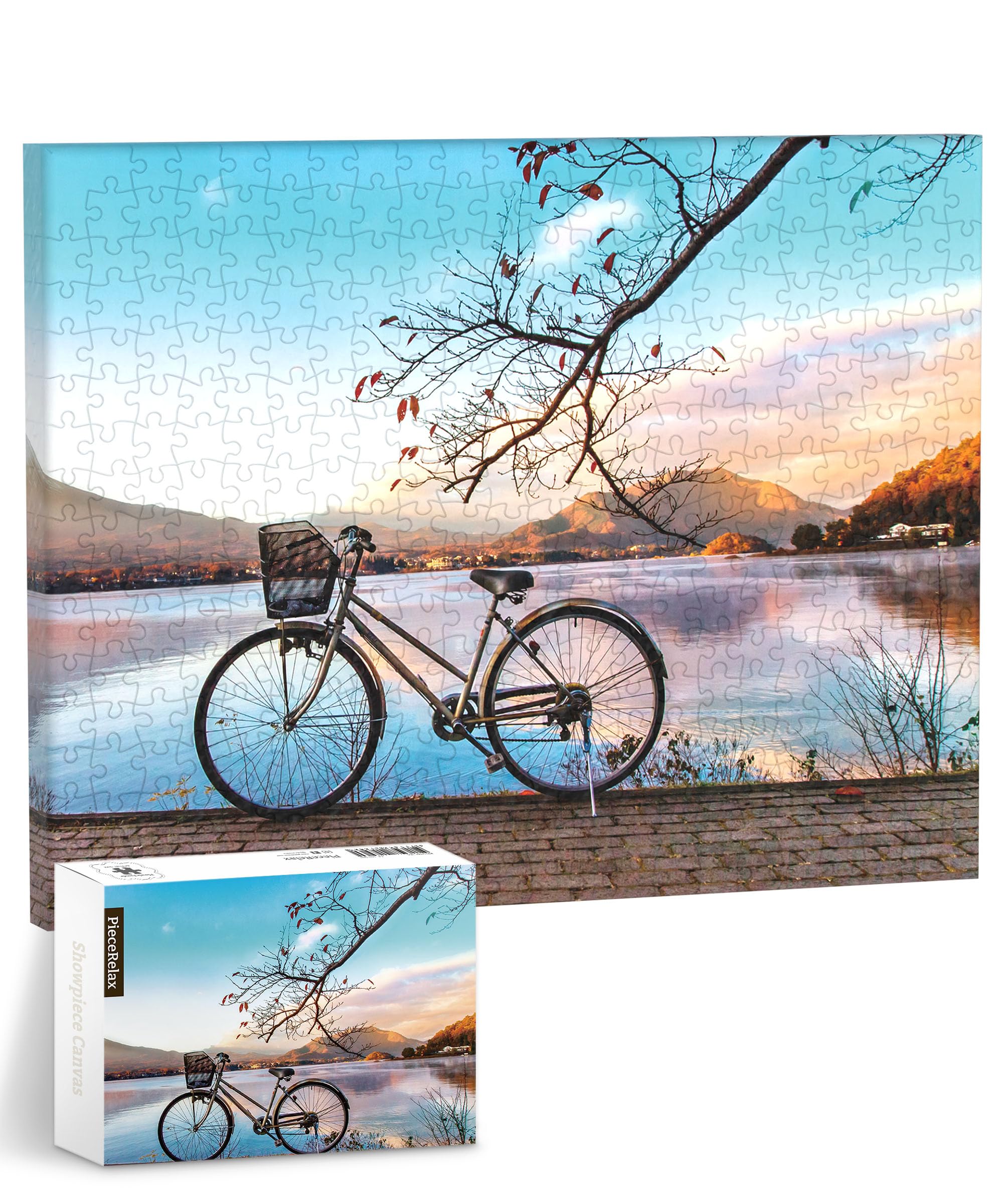 PieceRelax Puzzle Canvas Wall Art 366 Plastic Pieces for Adults - Away from the City - Bicycle by the Serene Lake - Unique Gift & Home Décor with Jigsaw Puzzle Artwork for Living Room Bedroom [HN1314]
