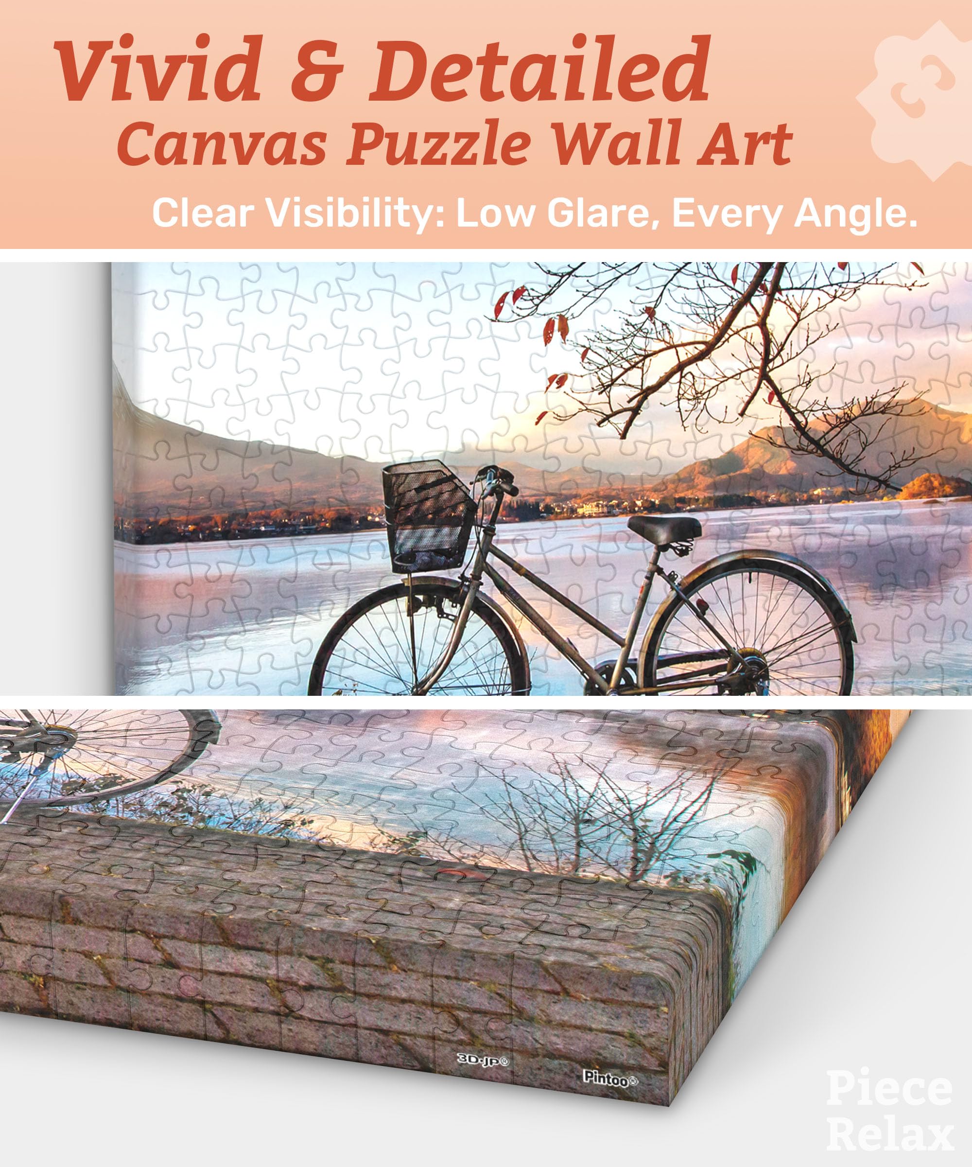 PieceRelax Puzzle Canvas Wall Art 366 Plastic Pieces for Adults - Away from the City - Bicycle by the Serene Lake - Unique Gift & Home Décor with Jigsaw Puzzle Artwork for Living Room Bedroom [HN1314] - Image 3
