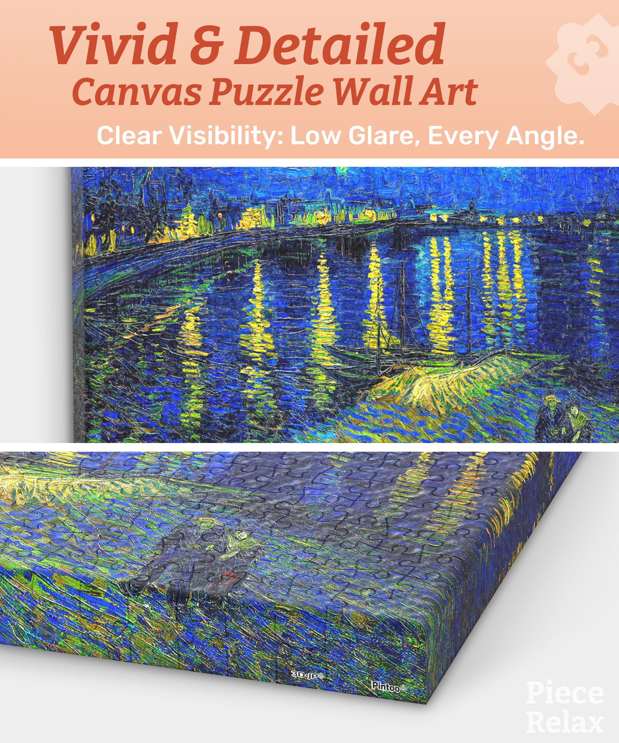 PieceRelax Puzzle Canvas Wall Art 366 Plastic Pieces for Adults - Vincent Van Gogh - Starry Night Over The Rhone - Unique Gift & Home Décor with Jigsaw Puzzle Artwork for Living Room Bedroom [HN1430] - Image 3