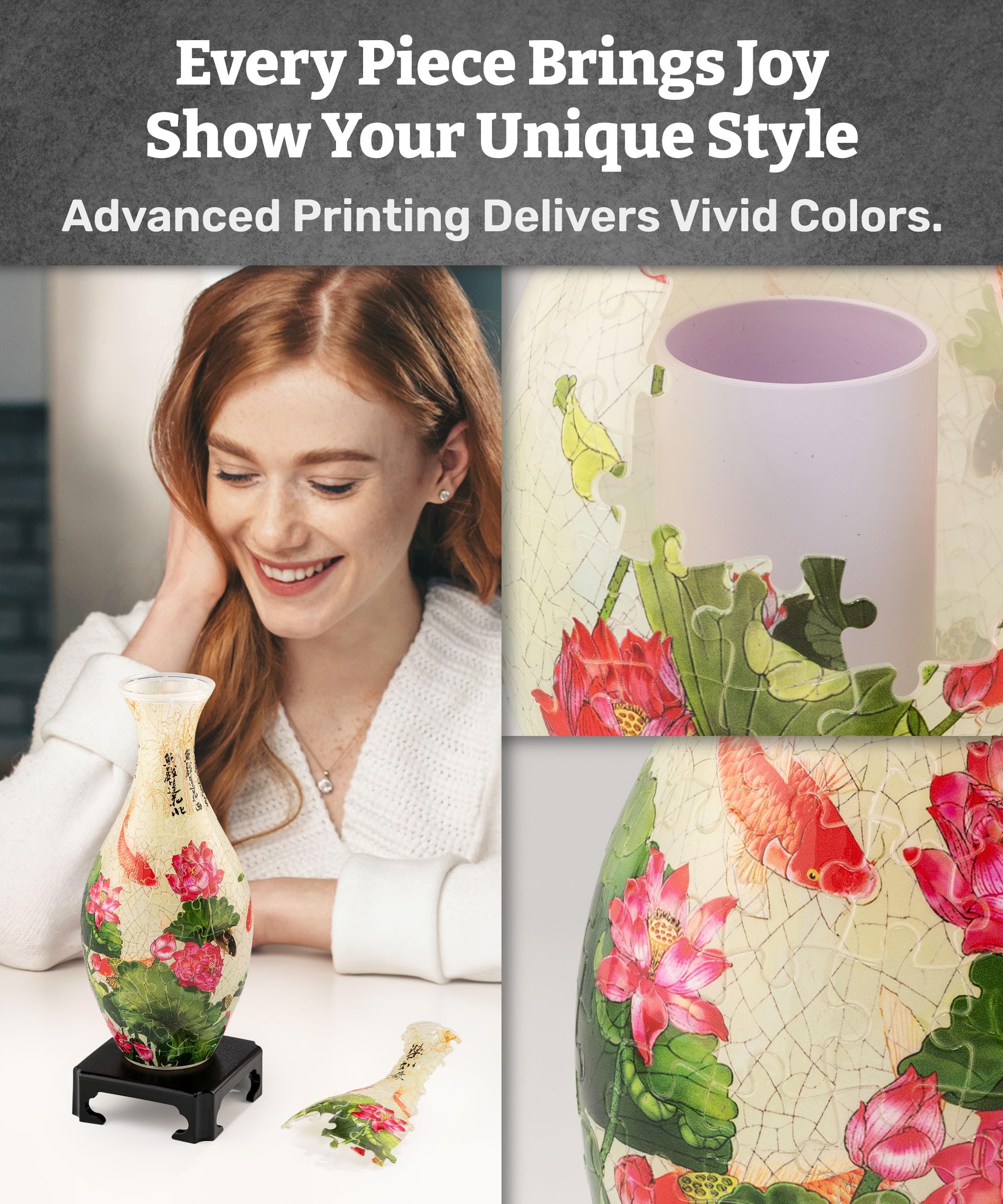 Pintoo 3D Puzzle Vase Unique Flower Vase Made by 160 Curved Plastic Puzzle Pieces House Warming Gift for Flower Arrangements and Home Decoration, for Mom [S1024] (Translucent, Carp with Lotus) - Image 3