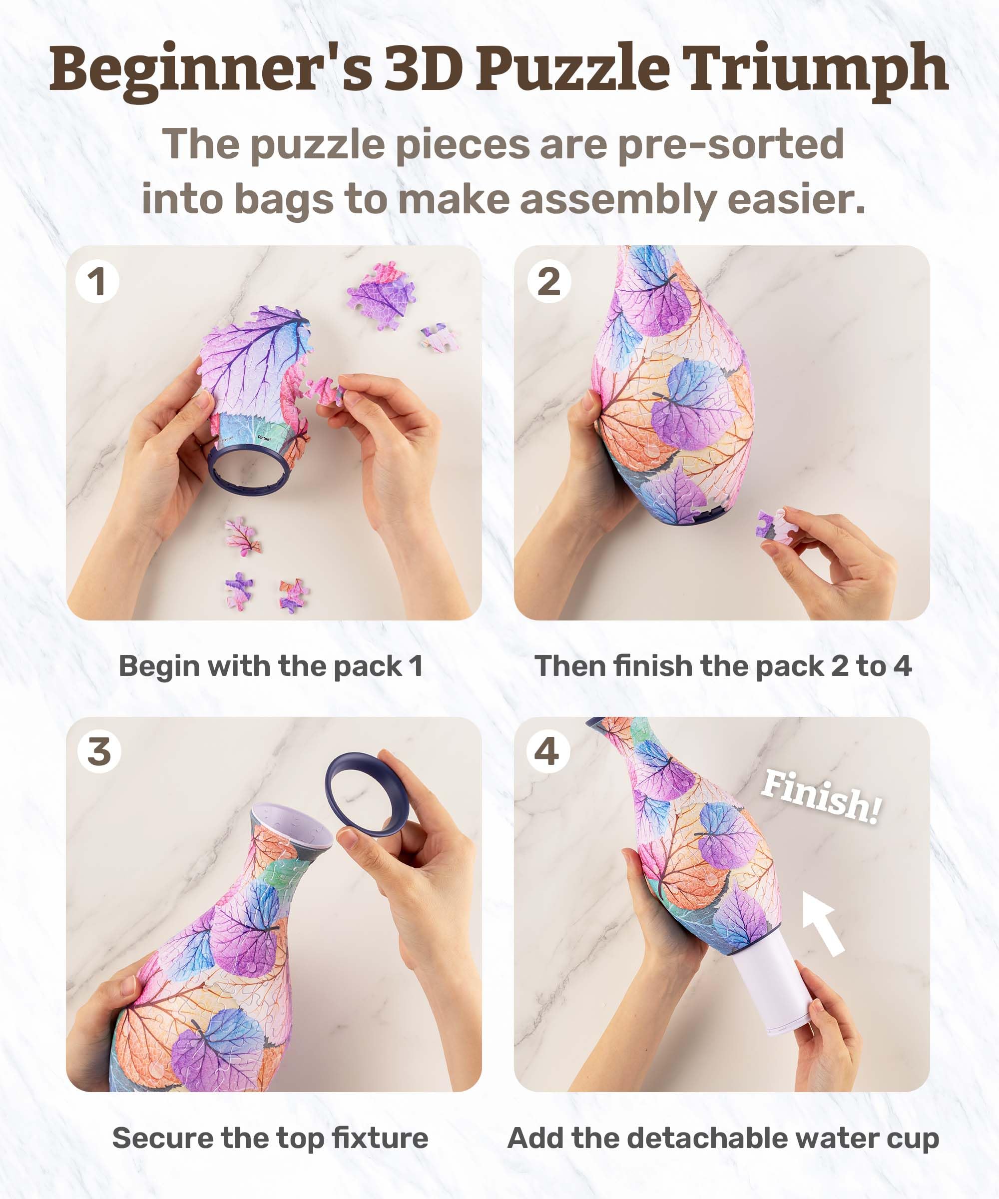 Pintoo 3D Puzzle Vase Unique Flower Vase Made by 160 Curved Plastic Puzzle Pieces House Warming Gift for Flower Arrangements and Home Decoration, for Mom [S1024] (Translucent, Carp with Lotus) - Image 6