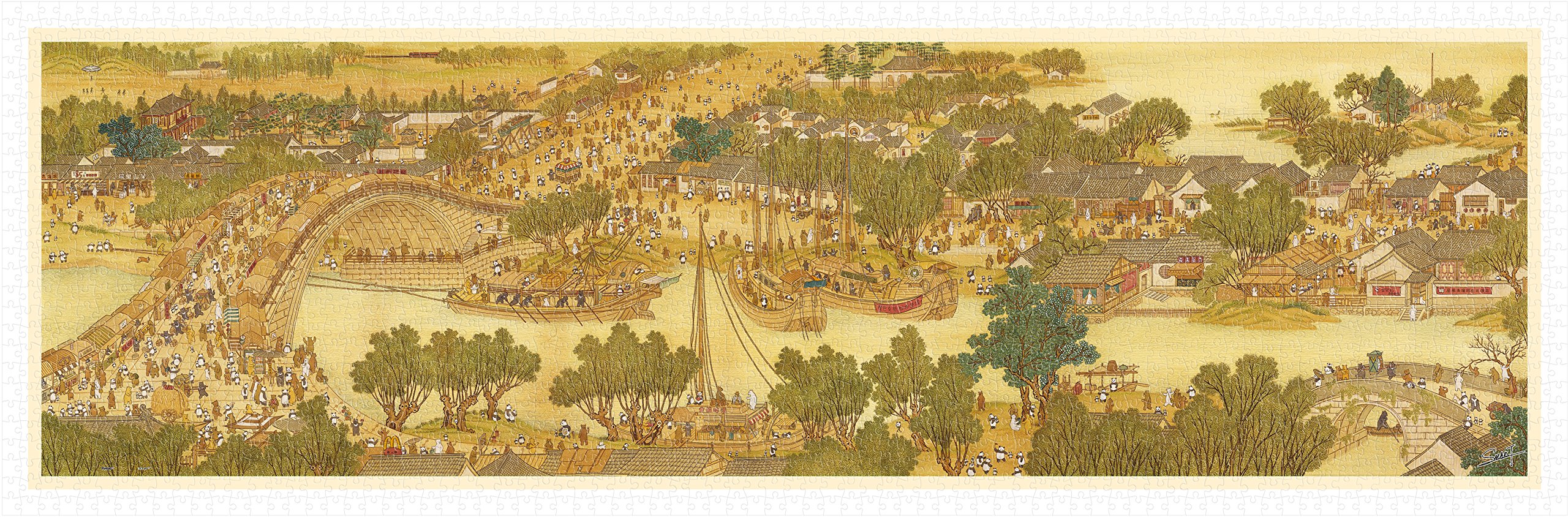 Pintoo Panoramic Jigsaw Puzzles 2000 Piece for Adults - Panorama - Smart - Bears Along The River During The Qingming Festival Beautiful Plastic Puzzle for Home Decor Zero Dust Easy Storage [H1906]