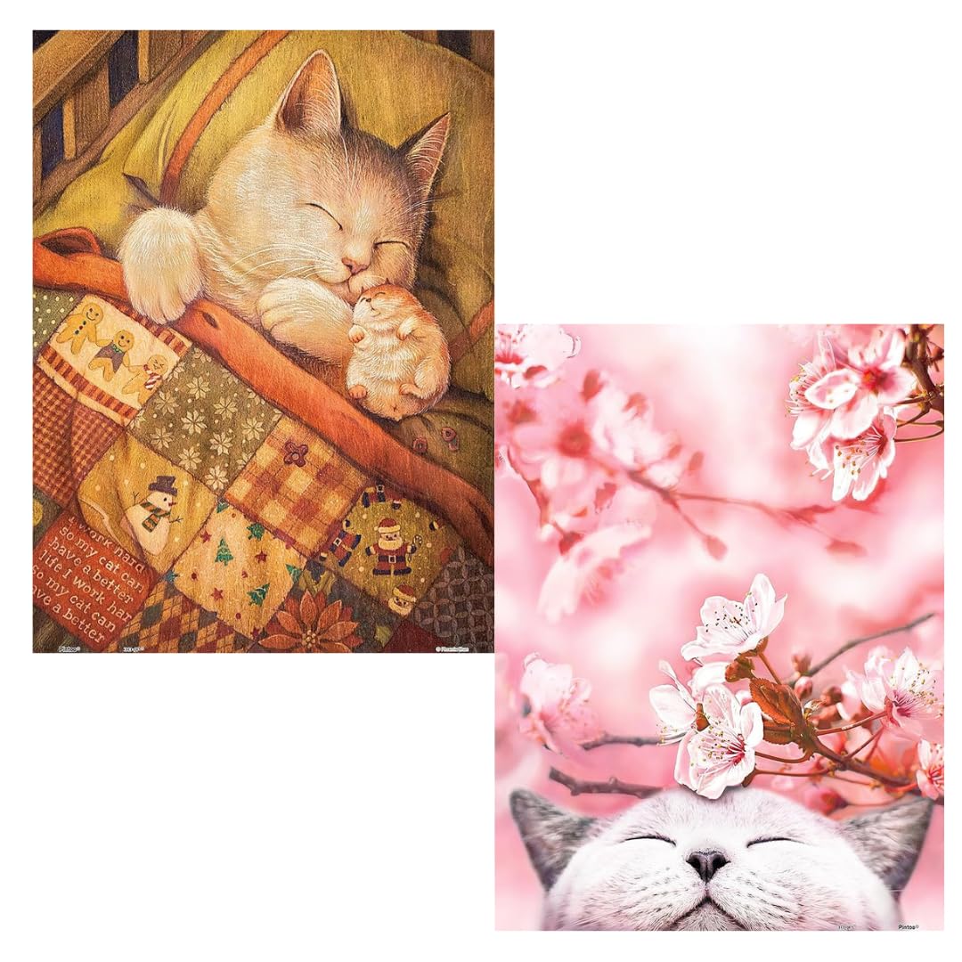 Pintoo Two Plastic Jigsaw Puzzles Bundle - 300 Piece - Phoenix Chan - Fall Asleep and 300 Piece - Cherry Blossom - Sakura Cat [H2429+H2462]