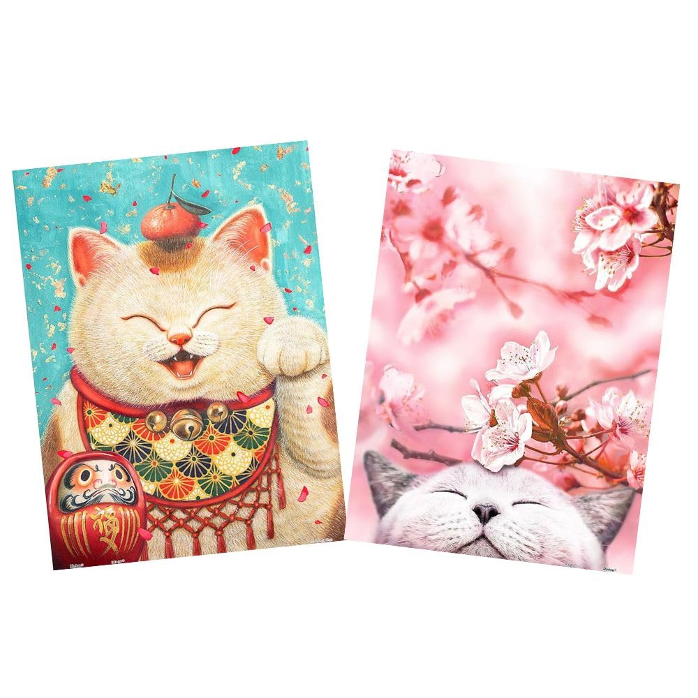 Pintoo - Two Plastic Jigsaw Puzzles Bundle - 300 Piece - Phoenix Chan - Maneki Neko and 300 Piece - Cherry Blossom - Sakura Cat [H2079+H2462]